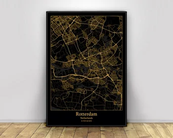Ротердам-Холандия Black&Gold City Light Custom Maps World City Map Плакати Платно Щампи Nordic Style Wall Art Home Decor