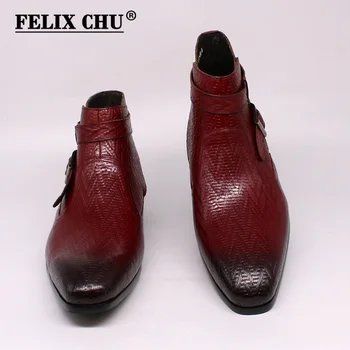Ръчно изработени мъжки ботильоны Felix Chu естествена кожа за мъже мотоциклетни ботуши черно червено обтегач на ремъка-висок топ рокля обувки за мъже