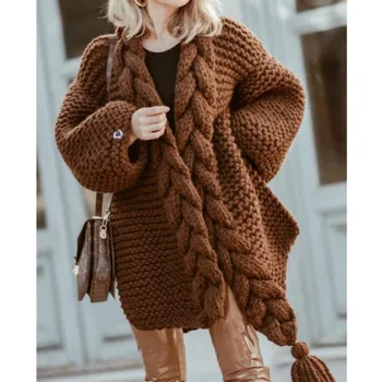 Ръчно изработени сплит диви четката кука обрат пуловер, палто възли жилетка есен и зима дебел дълъг фенер ръкав изрязване на върховете