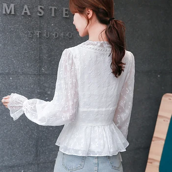 С дълъг ръкав бродерия с флорални дантели риза есен 2020 пролет нова риза дамски блузи Бяла шифоновая риза блуза с V-образно деколте, риза 833H