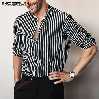 С дълъг ръкав щанд яка на ризата рокли INCERUN мода шарени Мъжки ризи човек стилни копчета бизнес марка Camisa Masculina 5XL