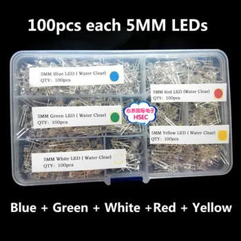 с предавателна 100шт 5mm led диод прозрачен кръг 5 mm асорти комплект бял зелен червен син жълт САМ светоизлучающий диод F5