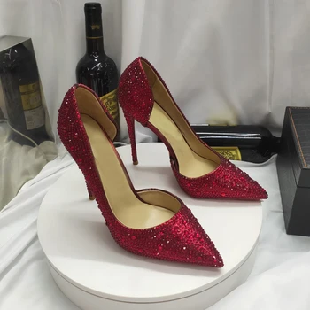 Сватбен Сезон Bling Bling Crystal Iriza Style Черно Червено Сребристо Стелка От Естествена Кожа Модни Дамски Обувки На Висок Ток