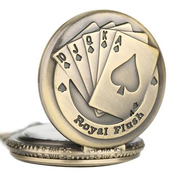 Светване на покер карти модел колие часовник ретро стил бронзов медальон верига стилен 3D покер лице часовник Кварцов ключодържател джобен часовник