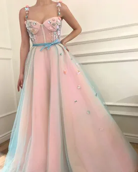 Светло сини и розови вечерни рокли спагети лента с ръчно изработени цветя, А-силует арабското выпускное рокля с мъниста вечерна рокля за абитуриентски бал