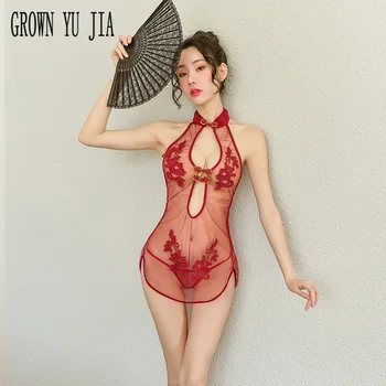 Секси Qipao униформи еротичен cosplay костюм прозрачна Рокля рокля прашки комплект порно обещанието на бельо гореща пола, за секс