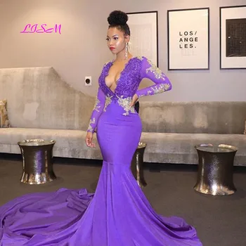 Секси Дълбоко V-Образно Деколте, Дълги Mermaid Evening Dresses 2020 Long Sleeves Applique Prom Dress Elegant Purple Party Dresses