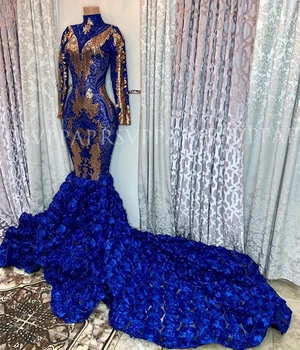 Секси дълги абитуриентски рокли 2020 с високо деколте и дълги ръкави Африканска черна момиче царски син 3D Роза Русалка выпускное рокля
