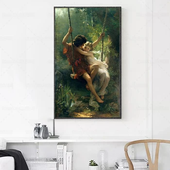 Символ на изкуството на пролетната картина на платно на Пиер Огюст бебешко кошче (безплатно), млада двойка на люлка, сред гора живопис за домашен декор