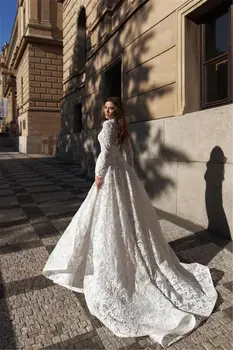 Скромно Дубайское Дантелено Сватбена Рокля С Дълъг Ръкав 2020 A-Line With Split New Bride To Be Bridal Dress Vestido De Noiva Renda
