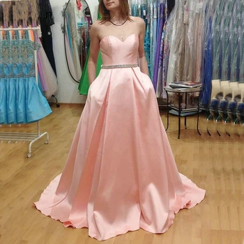 Скъпа атласное рокля за абитуриентски бал Кристали, мъниста-line вечерни рокли розова вечерна рокля