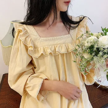 Сладки мек памук дамски дълги нощници Принцеса дантела, бродерия с дълъг ръкав пижами пролет есен домашно облекло