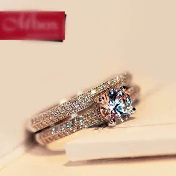 Сладък женски бели сватбени пръстени набор от мода 18KT розово злато пръстен сватба бижута обещание за любов кръгли годежни пръстени за жени