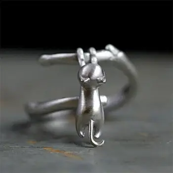 Сладък котка регулируем пръстен за жени момиче Чар метал партия бижута геометрични кухи Откриването на пръстен аксесоари