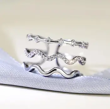 Сребро-бижута многослойни вълнообразни Циркон CZ мозайка годежни пръстени за жени сребро откриването на пръстени VRS2009
