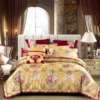 Сребърен златен цвят King Queen Size Bed set сатен жакард памук луксозни кралски завивки, спално бельо, пухени Bedlinens