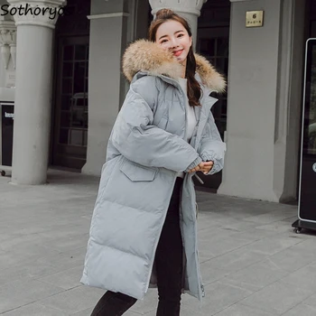 Средна дължина стил паркове жени удебеляване на кожа с качулка се затопли елегантна зимна новоприбывший корейски жена студент с широка талия
