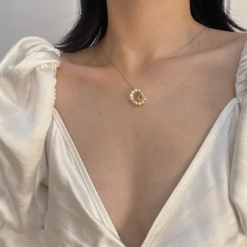 Стари естествени сладководни перли медальон златен метал естетически верига огърлица за жени kpop бижута приятели подарък