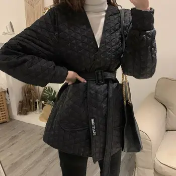 Стеганое ретро свободно дамско палто памучни палто с V-образно деколте