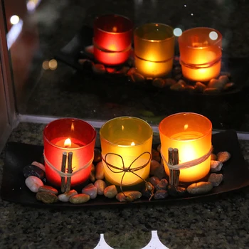 Стъклен свещник комплект с тава декоративни камъни за трапезария маса холна маса декор