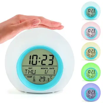 Творчески 7 цветни светлини alarm clock цифров топката формата на децата цифрови настолни часовници кръг led алармата snooze Настолни часовници