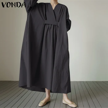 Твърди Dress есен с дълъг ръкав Dress жени Drawstring сарафан 2021 VONDA елегантни ежедневни Maxi Vestidos женски срещу врата халат S-5XL