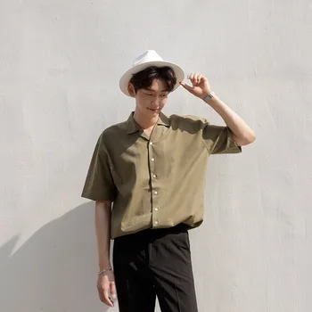 Твърди отличителни Мъжки ризи, корейски однобортный с къс ръкав свободни ризи момче Harajuku тънък лятна риза мъжете