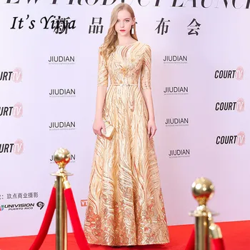 Това Yiiya златна вечерна рокля за месец гънка A-Line вечерна рокля 2020 пайети О-образно деколте плюс размера на роклята на жена партия K179
