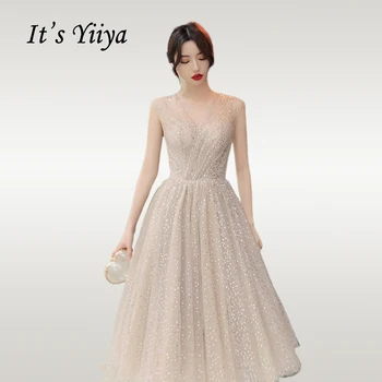 Това Yiyya рокля за абитуриентски бал елегантен V-образно деколте, блестящ къса Vestidos De Gala Pleat пайети плюс размера на жените Е парти нощни рокли E723