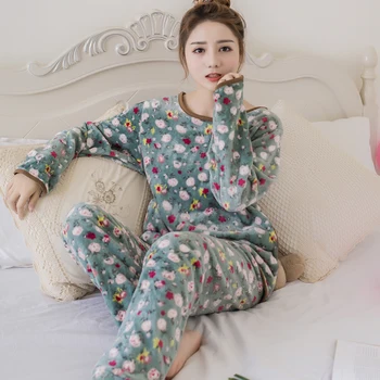 Търговия на едро WAVMIT жени топли фланелен пижама комплект сгущает печат пижама комплект с дълъг ръкав пижами костюм за жени домашни дрехи момичета