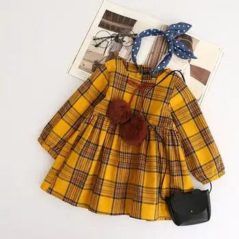 Търговците на дребно пролет, есен момичета рокля Англия стил жълто каре кожени топки лук бебешка рокля на принцеса Детски дрехи 3-7T AZ1061