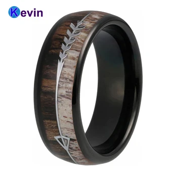 Уважаеми Antler Ring Men Women Tungsten Black Ring With Zebra Wood Antler Arrows Inlay 8MM Comfort Fit