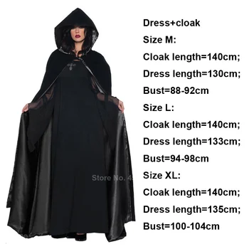 Ужасен Хелоуин костюми за жени призрак на булката костюм черна рокля и пелерина, определени готическа средновековна рокля вампир Дяволът ужас костюм