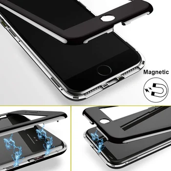 Ултра магнитен адсорбционный калъф за iPhone X 8 7 6 6S S Plus луксозен 360 градуса за пълен корпус на Магнита калъф закалено стъкло Флим на кутията на PC