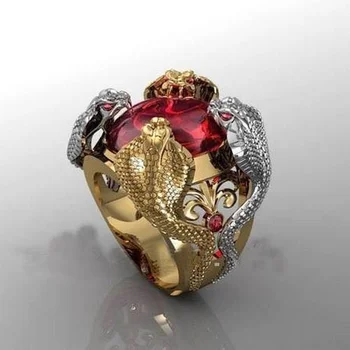 Уникален дизайн в два цвята червен скъпоценни камъни пръстен змия личност готически стил Кобра животни мъжки пръстени пънк-рок, хип-хоп бижута подаръци