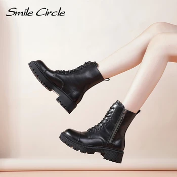 Усмивка кръг мотоциклетни ботуши на хайвер Дамски обувки ботуши от естествена кожа мода платформа страничен цип дамски обувки