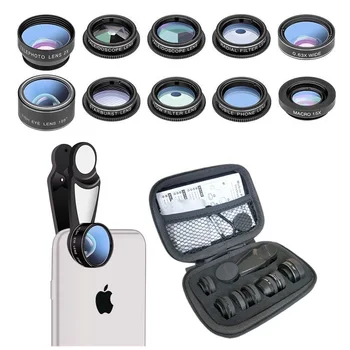 Фотоапарат обектив телефон комплект Универсално 10 в 1 рибешко око широкоъгълен и макро телескоп за iphone xiaomi по мобилен телефон