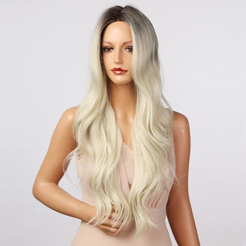 Хенри МарГУ дълги вълнообразни ломбер Бяло руса перуки синтетични и естествени перуки за жени, средната част на cosplay тъмен корен, устойчиви на топлина перука
