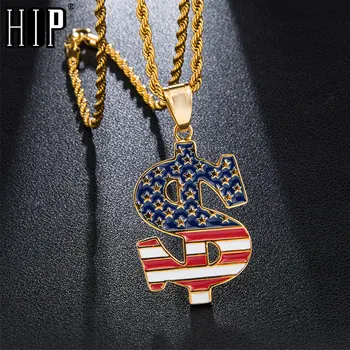 Хип-хоп щатския долар американското знаме и Звезда от неръждаема стомана, колиета и висулки за мъже бижута с веригата