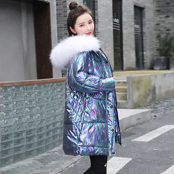 Цветни лъскав памук палта за вате жени на средна дължина голям кожа яка пуховик 2020 дебели зимни връхни дрехи топло дамско яке DH35