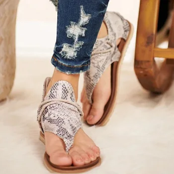 Цип Дамски сандали, всекидневни цветен принт открит чорап плосък ток изкуствен ПУ мека подметка Секси мода лято, плаж, джапанки