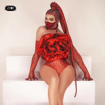 червена роза кристали Crystal дамски боди сцена танцов костюм, на парти в нощен клуб, певицата шоу ярък бански изпълнение