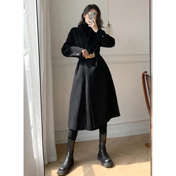 Черна вълнена дамско палто със средна дължина 2020 Новата есен-зима однотонное Черно мека вълнена палто в стил Хепбърн връхни дрехи