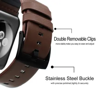 Черна гривна от естествена кожа за Apple Watch 6 5 4 SE Band 42 мм 38 мм iWatch Watch аксесоари за Apple Watch каишка каишка за часовник