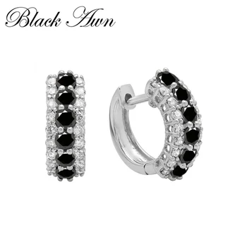 Черно ость класически 925 сребро кръг черно модерен шпинел пръстени обеци обръч за жени изискани бижута Bijoux I173
