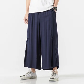 Японска градинска облекло плюс размер 5XL 4XL мъжки ластични панталони талията коноп глезена дължина широко крака струящиеся панталони ежедневното бельо XXXXXL