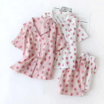 Японски Нов стил летни памучни панталони с къси ръкави и пижами костюм на жената двойна марля сладко ягоди тънък домашен услуга жени