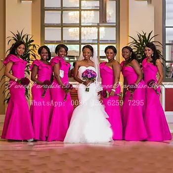 Ярко Розово Русалка Рокли На Шаферките 2020 Дълги Къдри Едно Рамо Африкански Жени Сватбена Рокля На Шаферка Vestidos