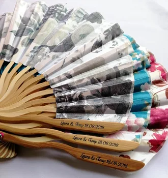 150 бр персонализирано/персонализирани бамбук полиестер цвете цъфти сватба китайски японски сгъваем вентилатор с четка+печат