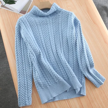 19 новия есенно-зимния пуловер женски пуловер с висока яка свободен вълнен пуловер с закрученными ръкави вязаная долна риза удебелява